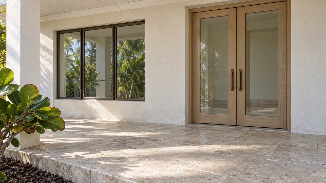 Sunlit limestone porch with a pale oak glazed entry, white stucco walls and sea grape leaves beside a square porch column.
