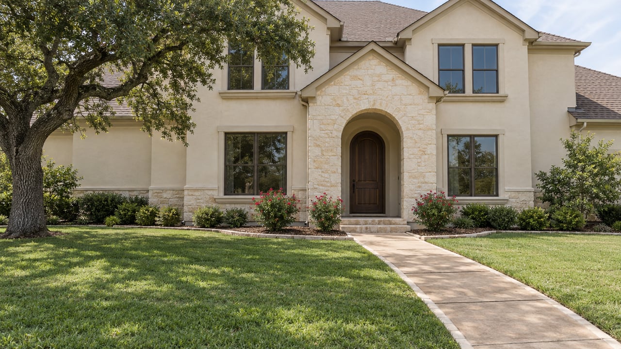 Limestone and ivory stucco home with an arched wood entry, deep green front lawn and mature live oak.