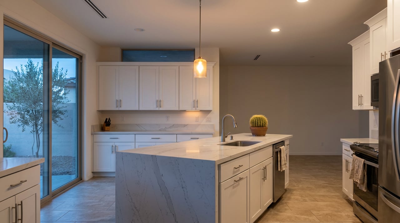Kitchen island with white shaker cabinets, amber pendant light, and a potted cactus beside a dusk-lit sliding glass door.