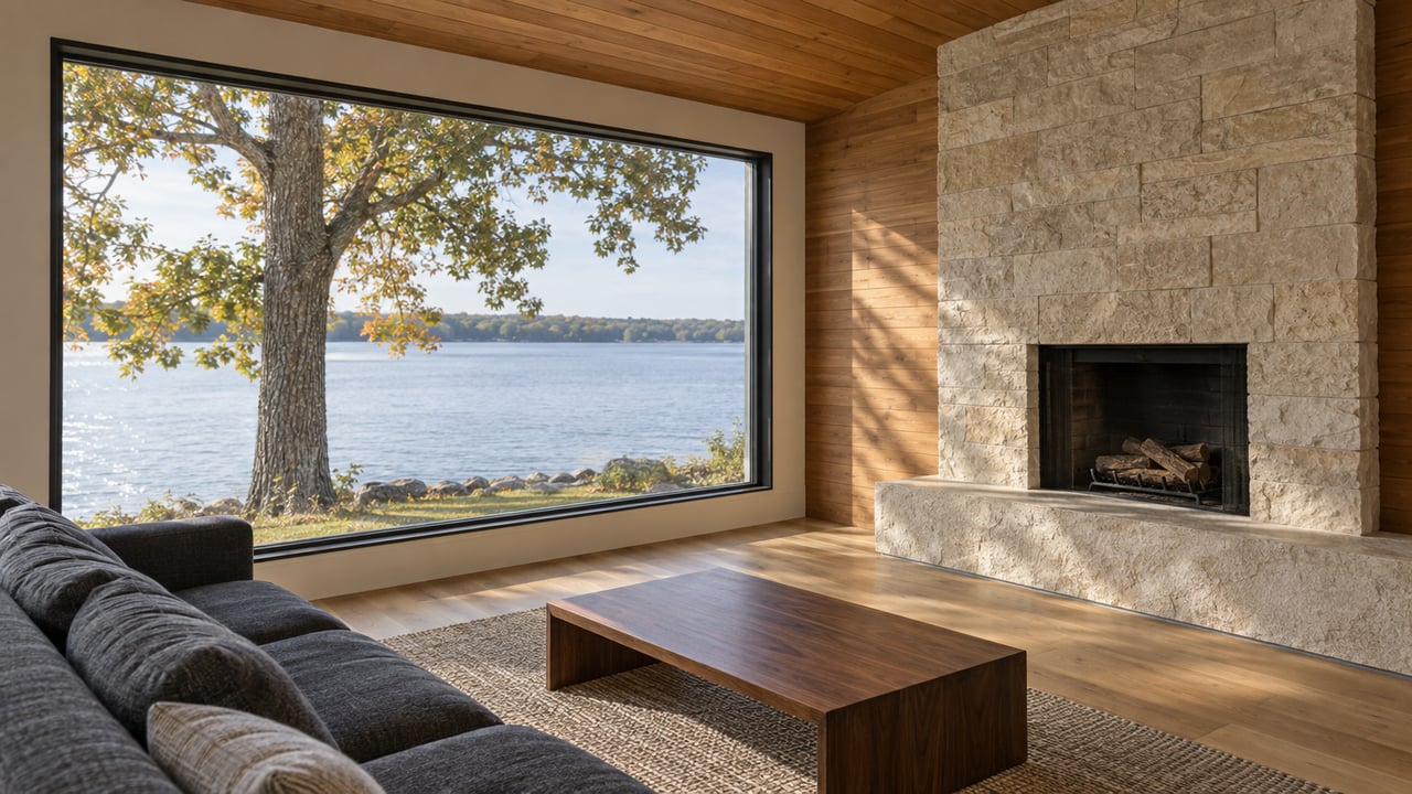 Living room with a limestone fireplace, cedar wall, and window overlooking blue-gray lake water.