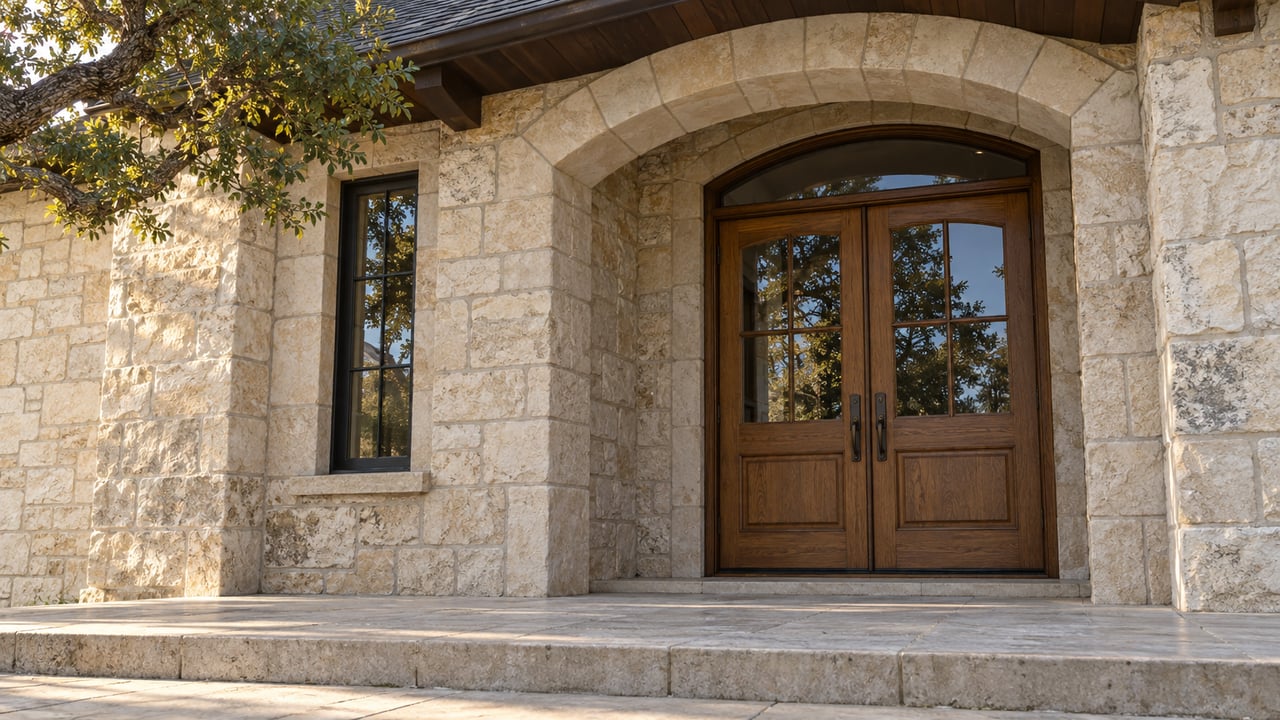 Arched oak double doors recessed in cream limestone, with a broad stone terrace and a live oak branch catching afternoon light.