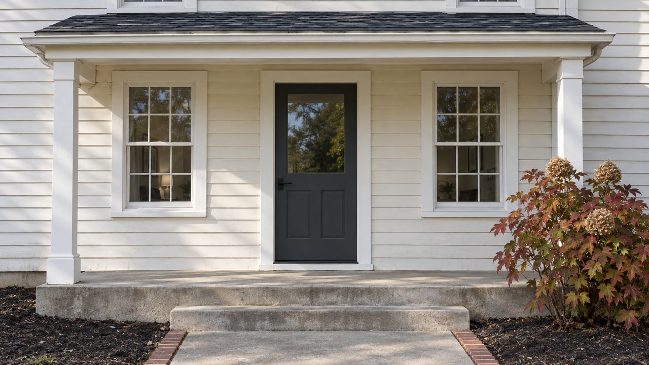 White clapboard house entrance with a dark door, covered porch, concrete steps, and autumn shrub.