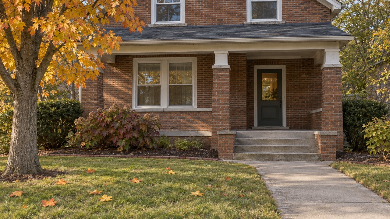 An established brick home with a raised covered porch, concrete front walk, and orange-yellow maple foliage in soft autumn sunlight.