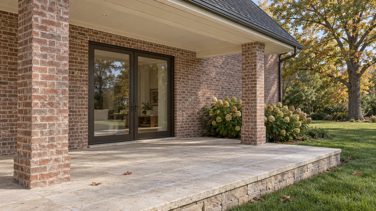 Brick rear terrace with a glass door, limestone paving, hydrangeas, and lawn beneath an oak tree.