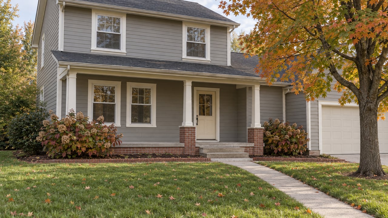 Traditional two-story home with gray siding, a covered porch, broad lawn, and an autumn sugar maple.