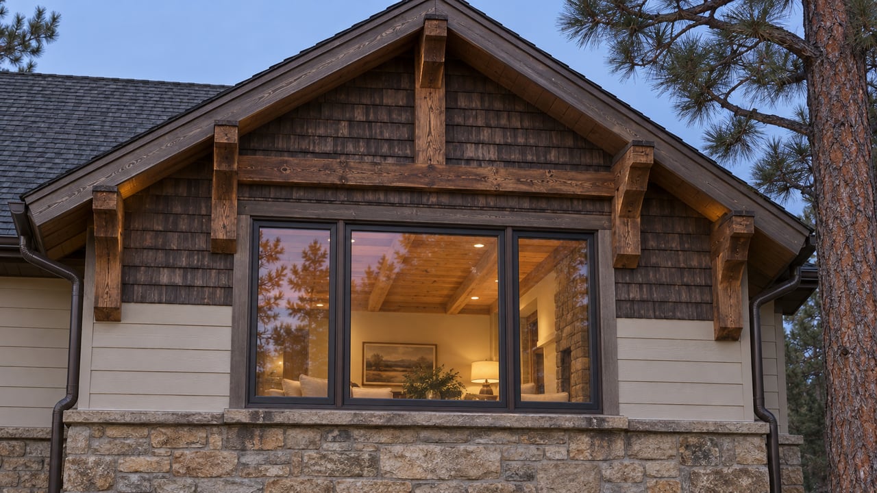 Cedar-shingled gable above a warmly lit three-part window, with buff stone masonry and a mature ponderosa pine at blue hour.