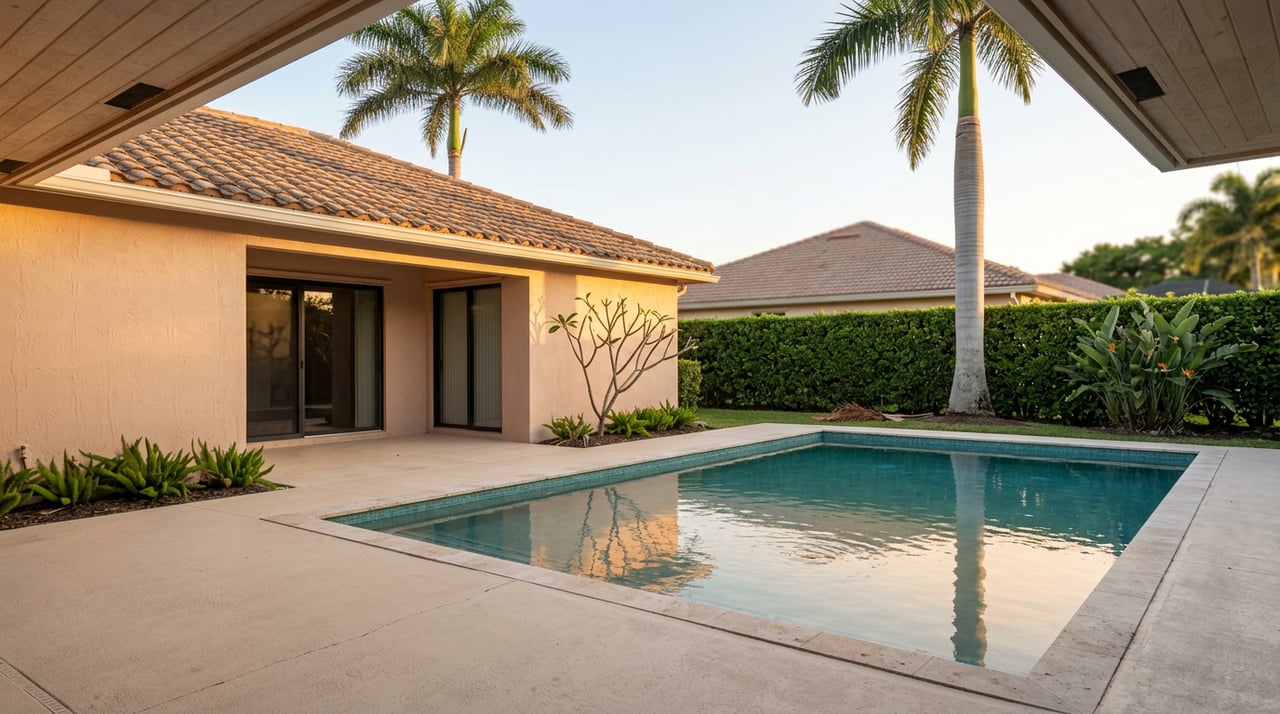 Rectangular pool beside a terracotta-stucco home, with palm trees and a clipped hedge beyond the patio.