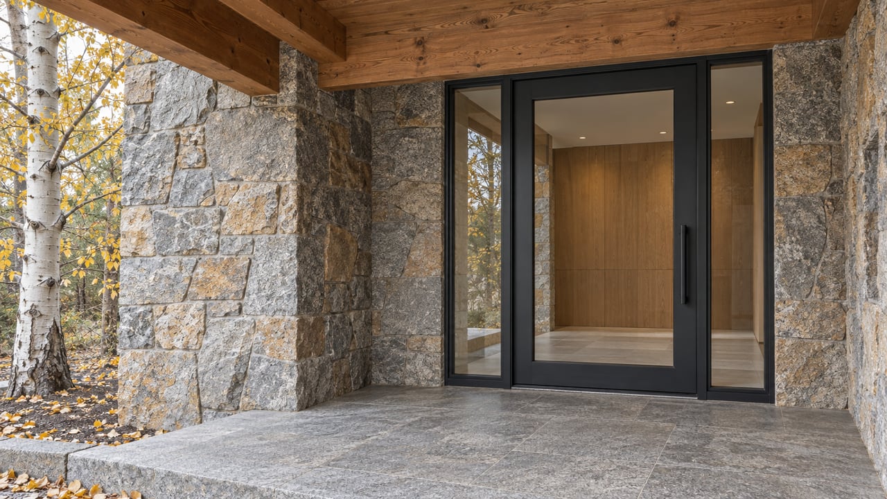 A timber-covered home entrance with a granite pier, black-framed glass door and yellow aspen leaves beside the stone landing.