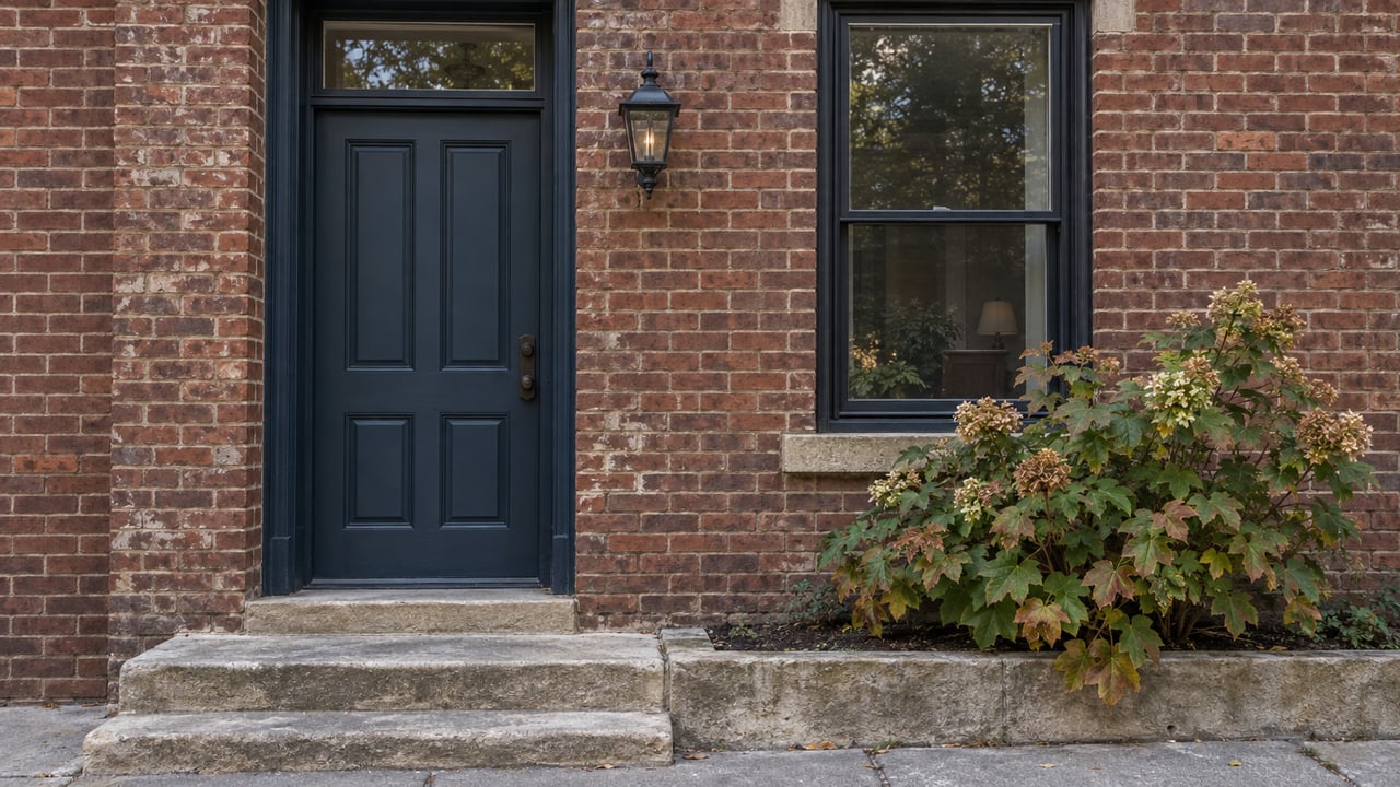 Recessed midnight-blue door beside a tall window and bronze-edged oakleaf hydrangea in a brick facade.