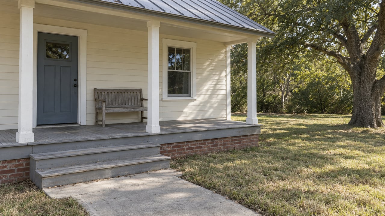Light-colored house with a covered porch, wooden bench, and broad steps beneath a large tree.