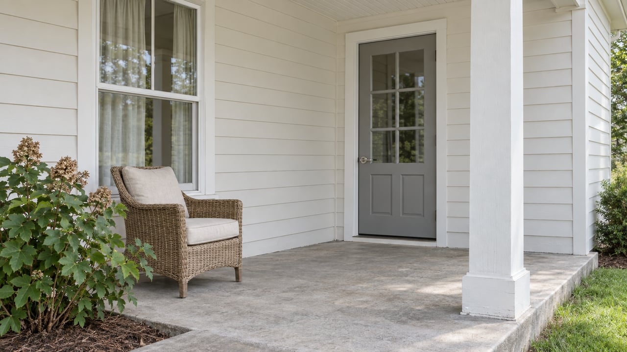 Covered porch with warm-white siding, a gray glazed front door, woven chair and oakleaf hydrangea beside the raised concrete floor.