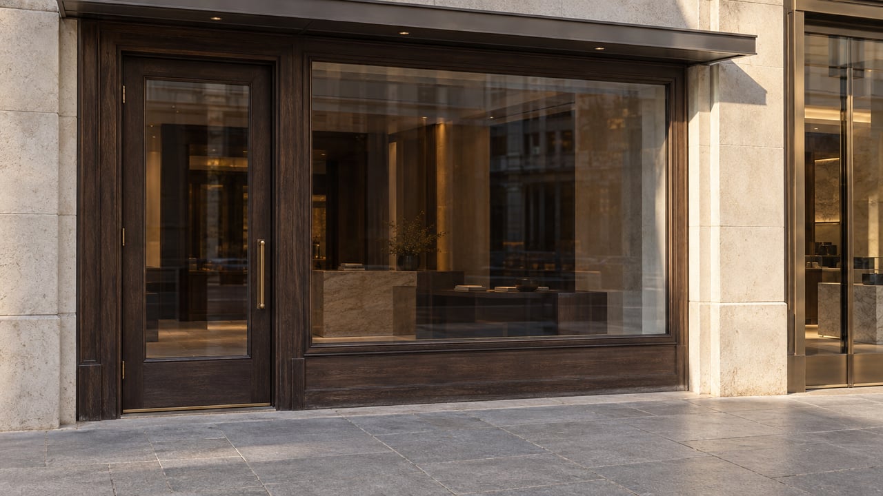 Weathered wood-framed storefront with closed glass door beside newer pale stone cladding and bronze-framed windows.