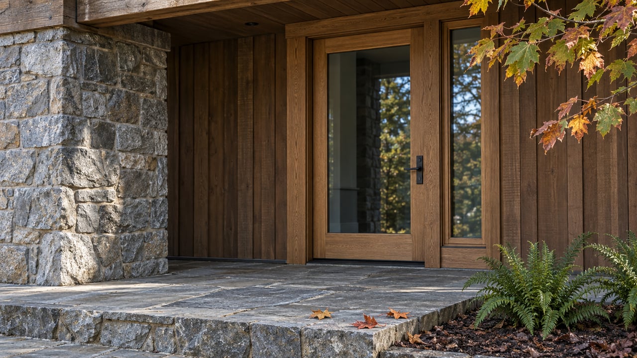 Morning light on a stone-and-timber home entrance, with amber maple leaves beside a closed glazed door and a worn flagstone porch.