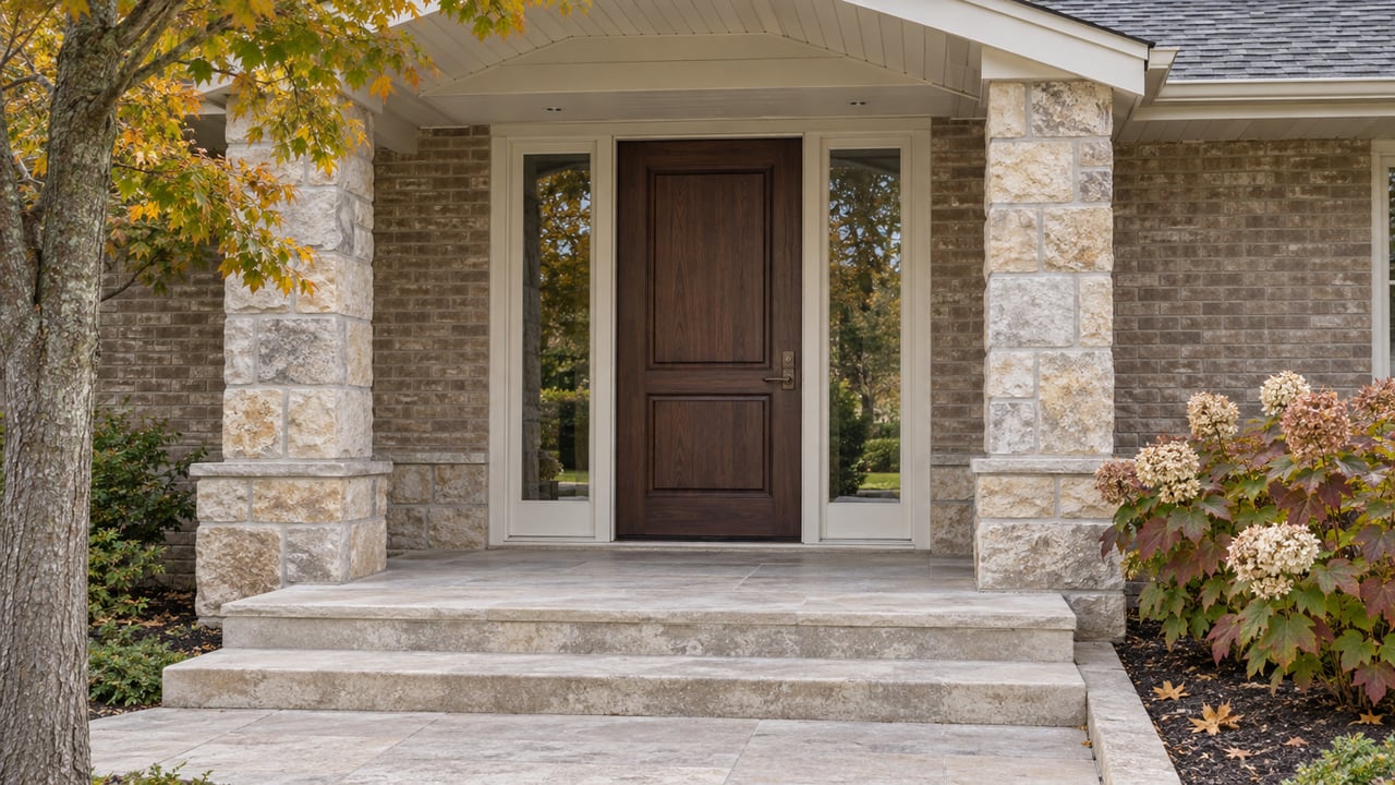 Covered brick and limestone home entry with a walnut door, paired glazed sidelights and autumn foliage.