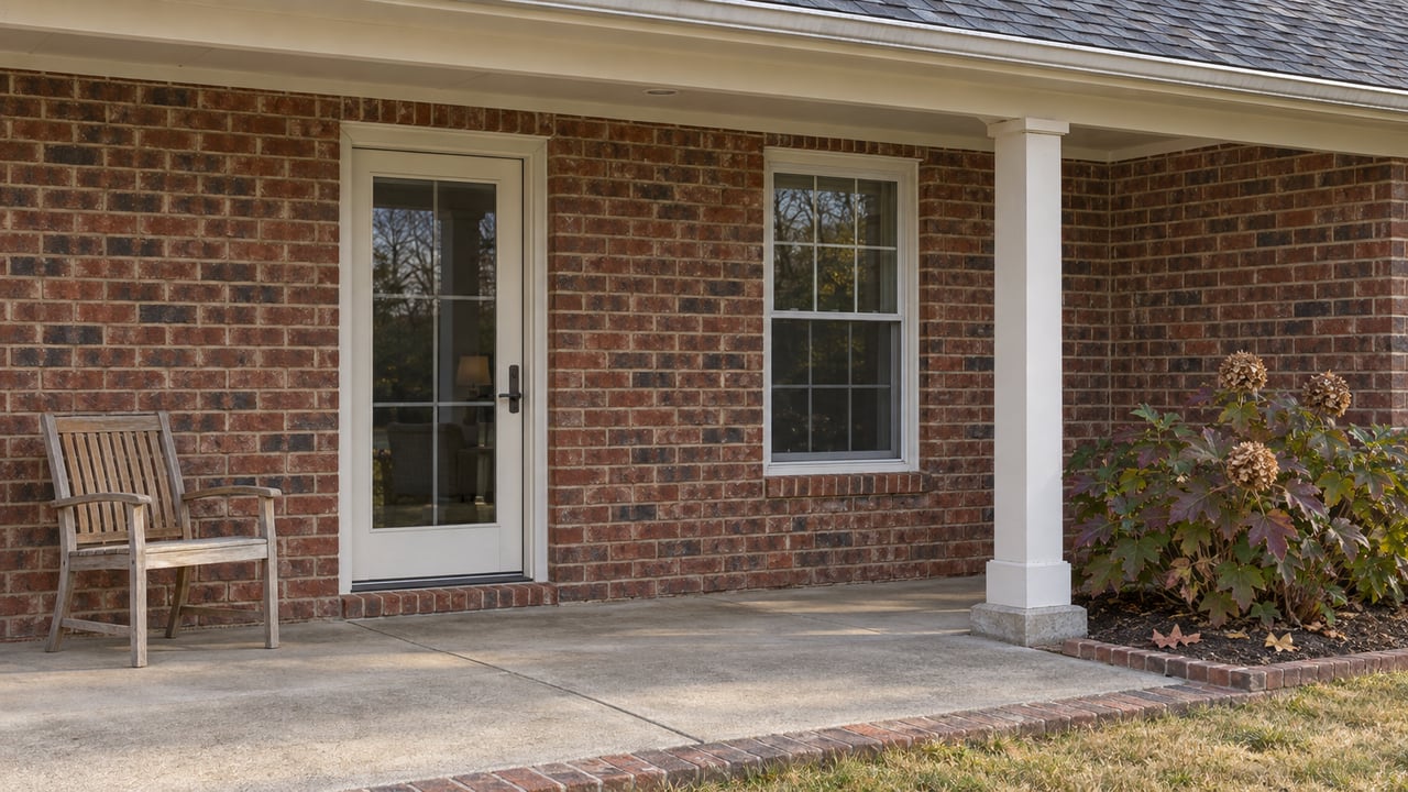 A brick home's covered rear entry with a glazed cream door, weathered teak chair and oakleaf hydrangea beside a concrete patio.