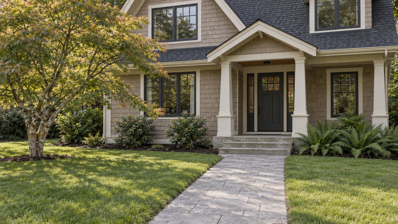 Taupe shingle house with a covered porch, charcoal gable roof, spreading tree, and paver path across the lawn.