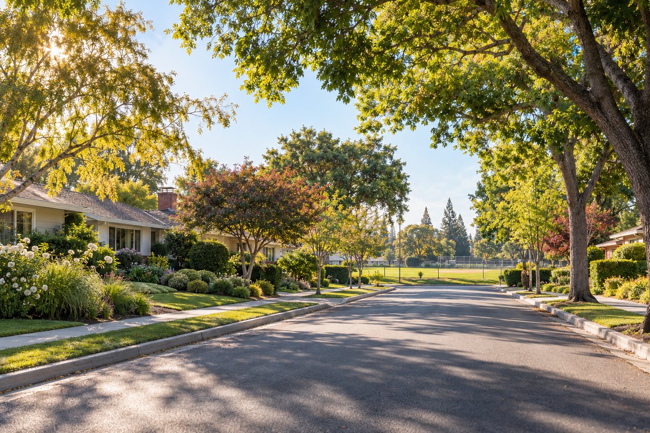 Tree-lined residential street with landscaped homes and autumn-colored foliage.
