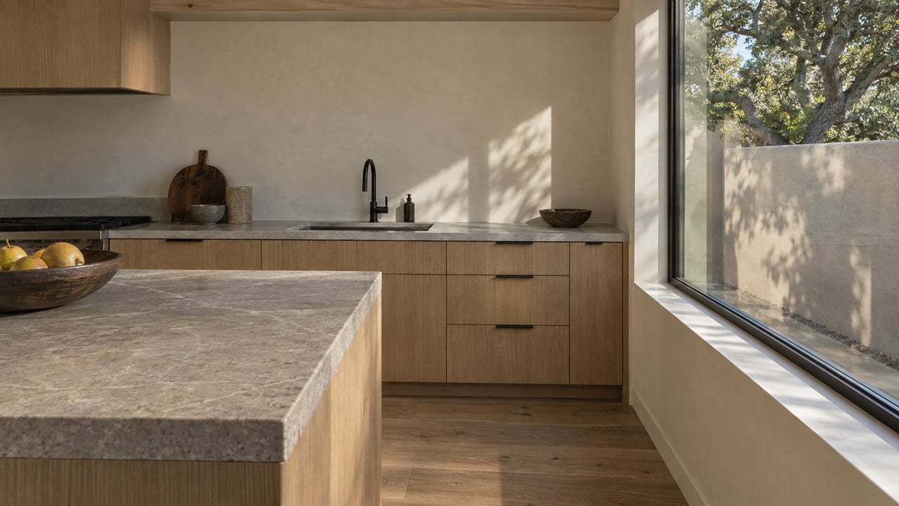 Compact oak kitchen with a veined stone island and a picture window overlooking a stucco-walled court and oak tree.