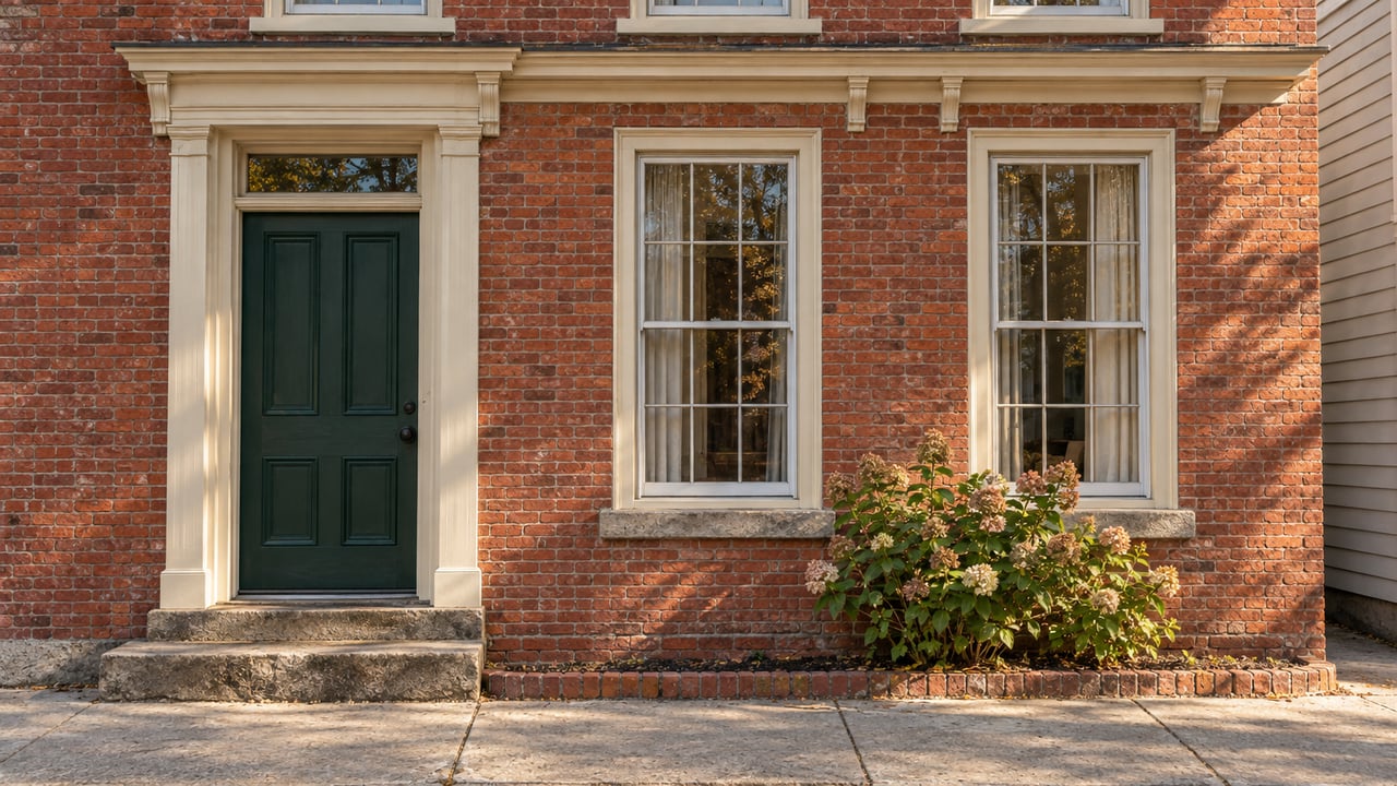 Narrow red-brick house facade with a dark green door, tall sash windows, stone stoop, and hydrangea.