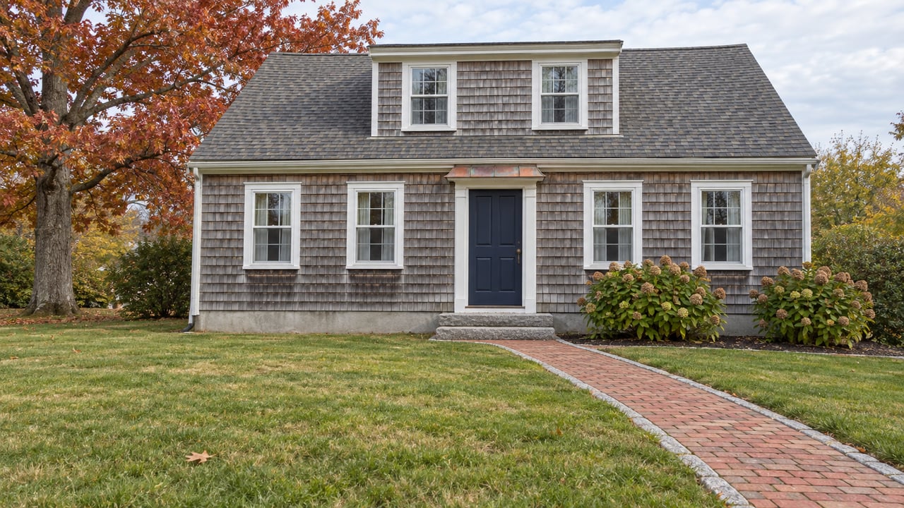 Weathered cedar-shingle house with white-trimmed windows, a navy front door, and a brick walk across an autumn lawn.