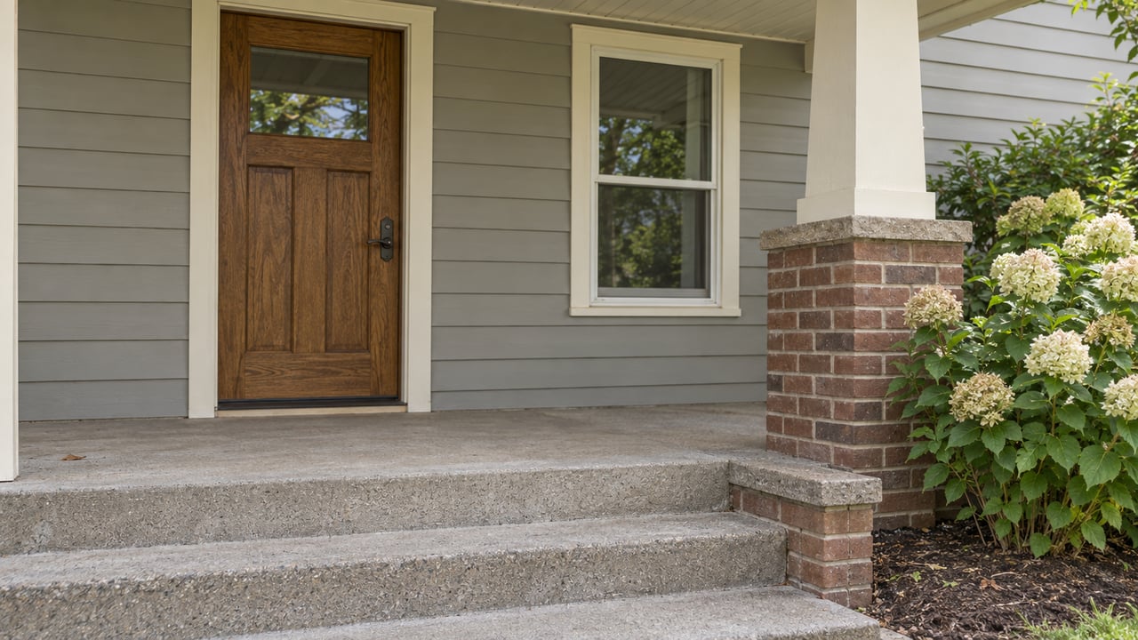 Covered home entry with an oak door, gray lap siding, red-brown brick pier, concrete steps, and ivory hydrangeas.