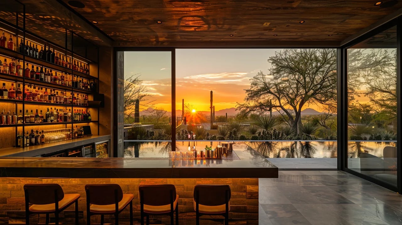 Home bar with illuminated bottle shelves and a poolside desert view at sunset.