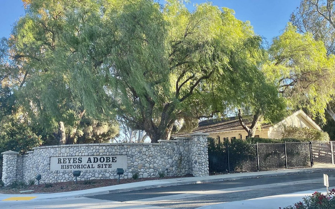 Reyes Adobe Historical Site entrance and mature trees in Agoura Hills
