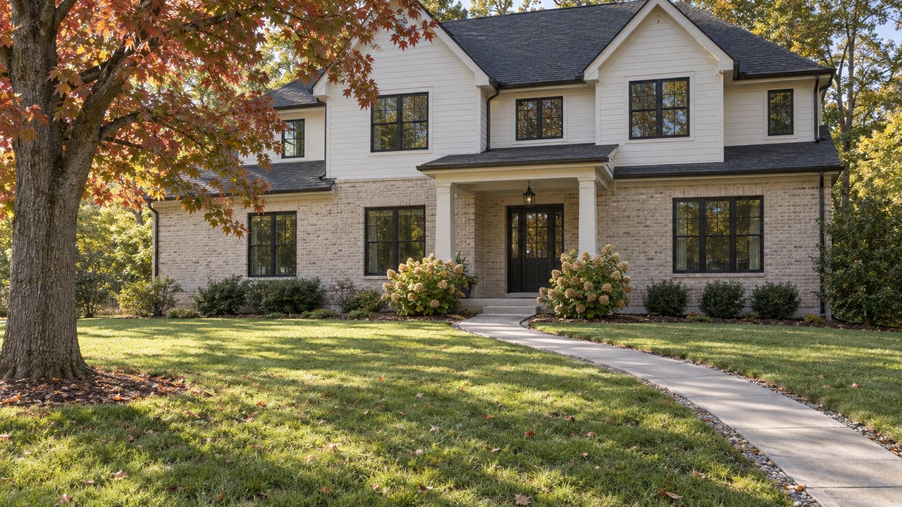 Two-story buff-brick and white-sided home behind lawn, with a curving walk and copper-leaved oak.