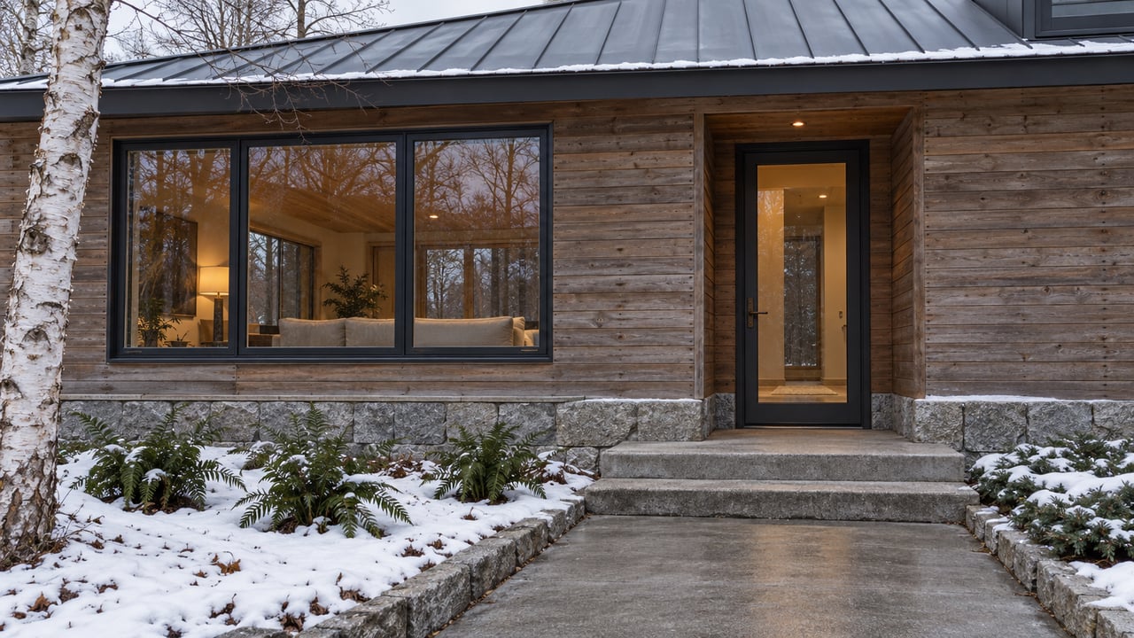 Weathered cedar home with granite base, broad windows and a cleared concrete entry bordered by early snow and a paper birch.