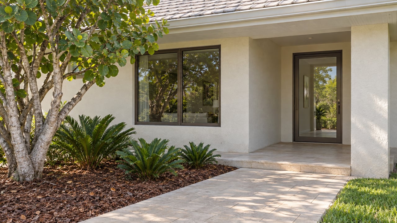 Cream stucco home entrance with bronze-framed glass, pale paver walkway, a sculptural sea grape tree, and coontie planting.