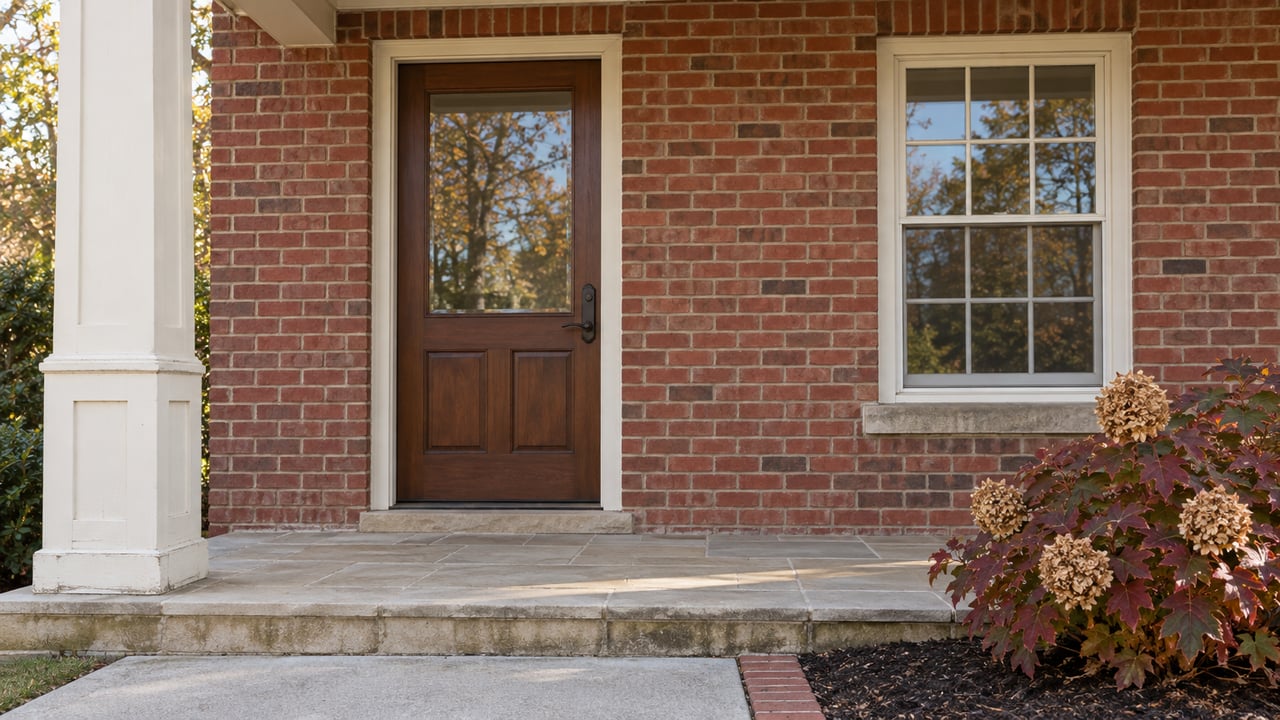 Red brick home entry with a walnut glazed door, white divided-light window, sandstone porch step and burgundy oakleaf hydrangea.