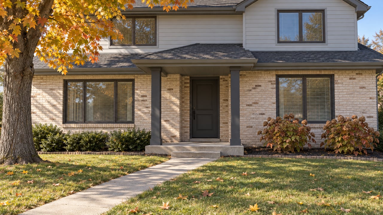Autumn light on a two-story home with ivory brick, pale siding, a covered entry and a lawn edged by a maple tree.