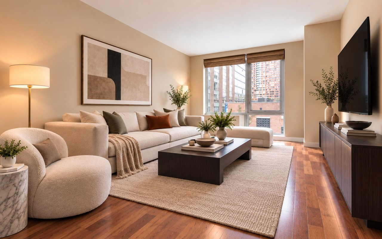 Staged living room with a cream sectional, wood floors, and large windows overlooking city buildings.