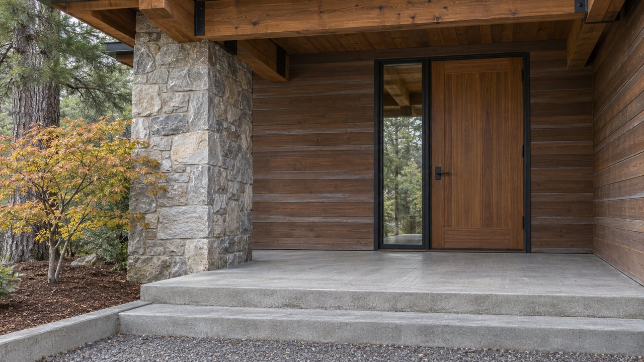 Timber canopy over a cedar entry door beside a quartzite pier, with broad concrete steps and autumn vine maple.