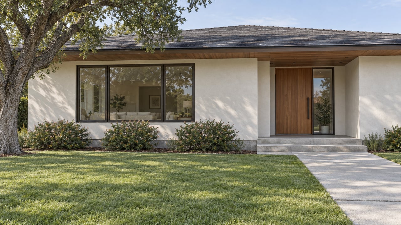 A single-story stucco home with cedar eaves, broad windows and a concrete entry path across a deep lawn, shaded at one edge by a mature oak.