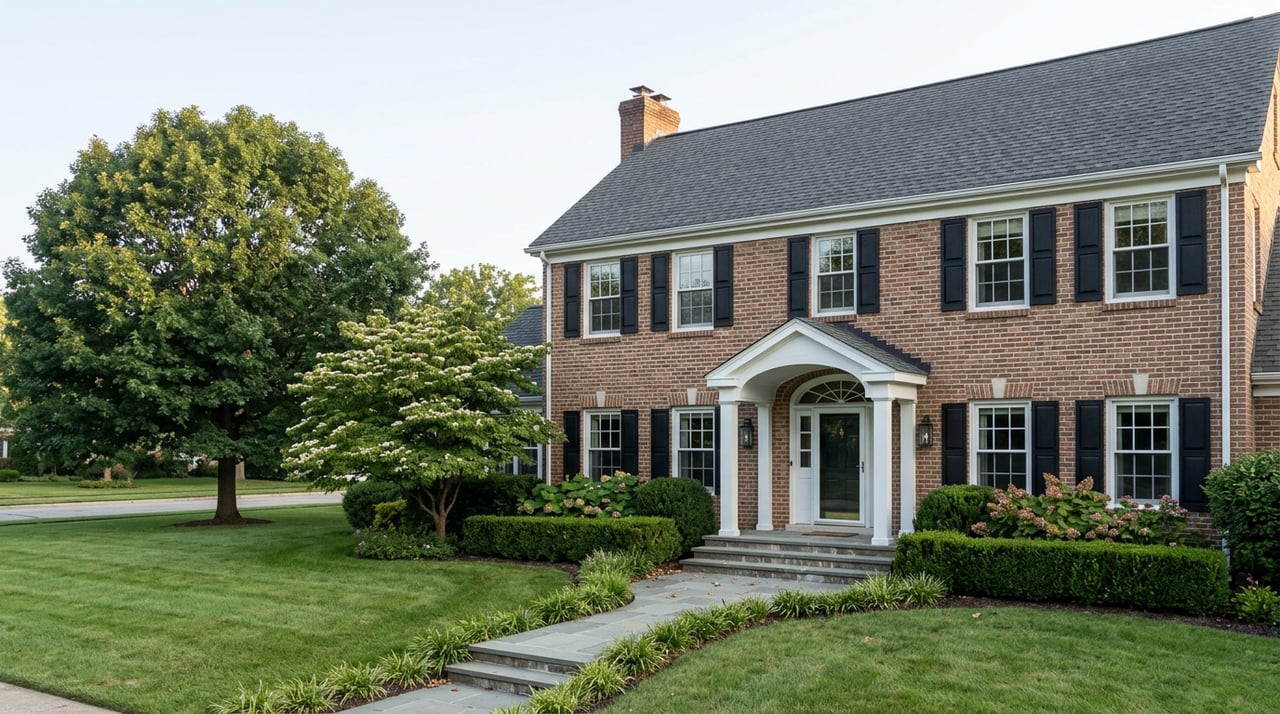 Two-story brick home with white portico, black shutters, mature oak, clipped hedges, and a curved front walk.