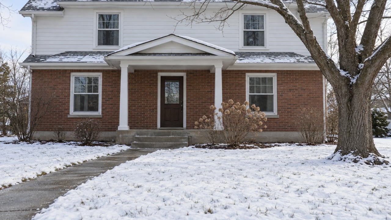 Snow-covered front lawn and cleared concrete walk leading to a red-brick and white-clapboard home with a covered porch and bare oak tree.