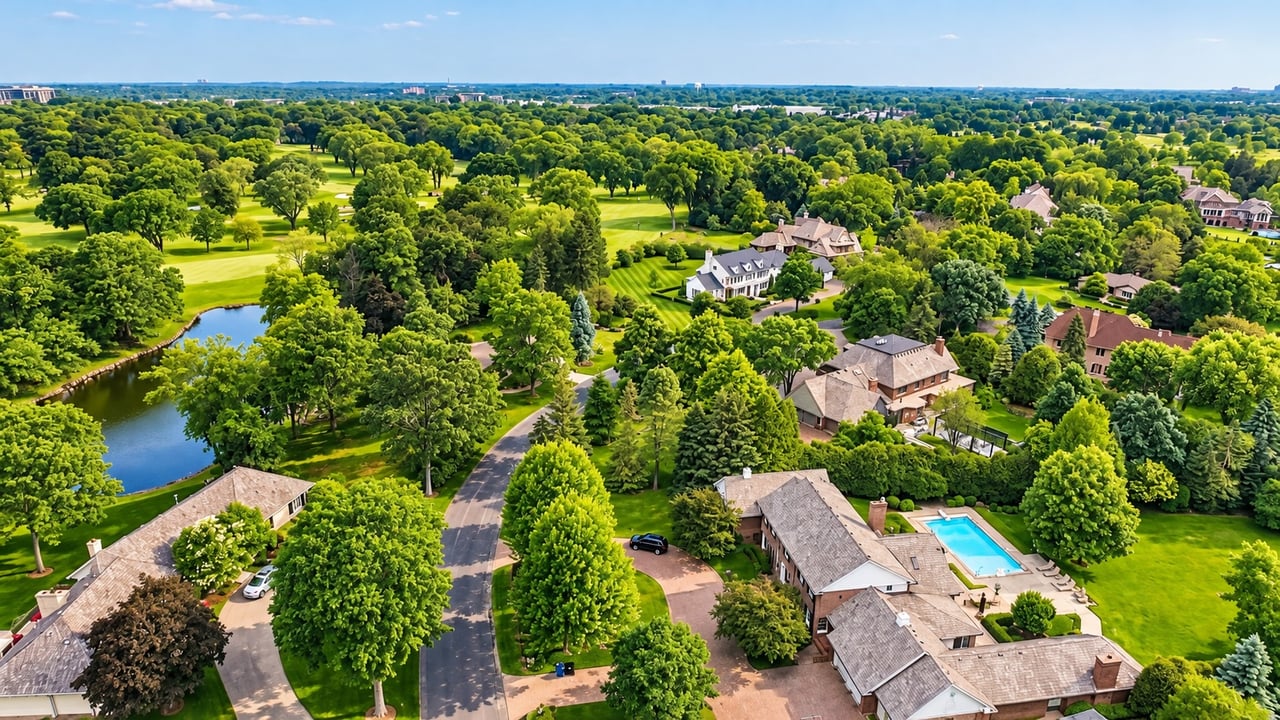 Aerial view of the Rolling Green neighborhood in Edina, Minnesota, showing mature trees, residential streets, and homes on spacious lots.