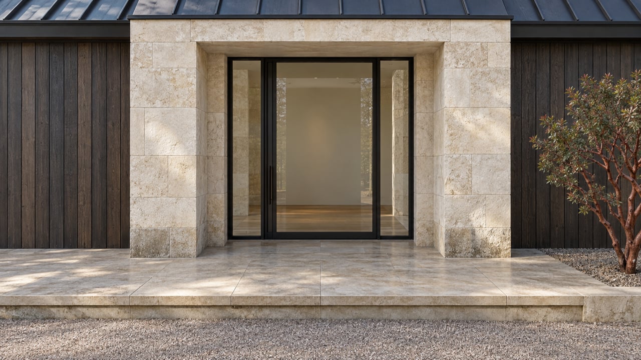 Paired pale limestone entry piers frame a glazed door beneath a charcoal metal roof, with dark wood siding and a broad stone landing.
