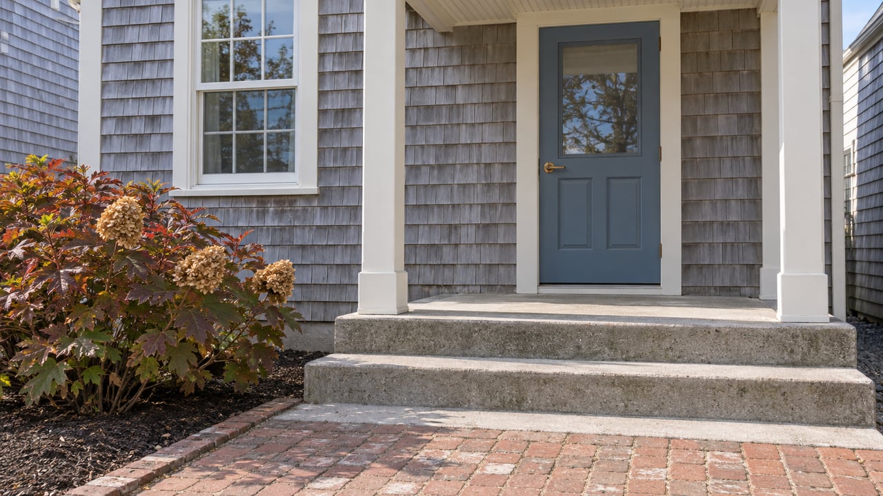 Weathered cedar-shingle home entrance with a muted-blue door, concrete steps, brick approach, and copper-colored oakleaf hydrangea.