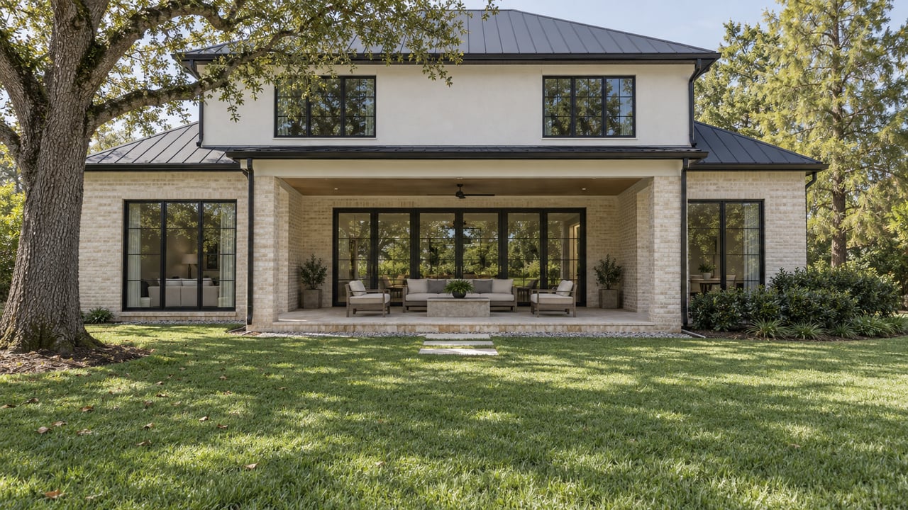 Two-story brick-and-stucco home with a covered terrace, framed by oak trees beyond a broad lawn and stepping stones.