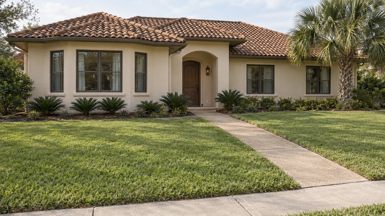 Ivory stucco home with a terracotta tile roof, arched entry, broad front lawn, and a single sculptural palm.