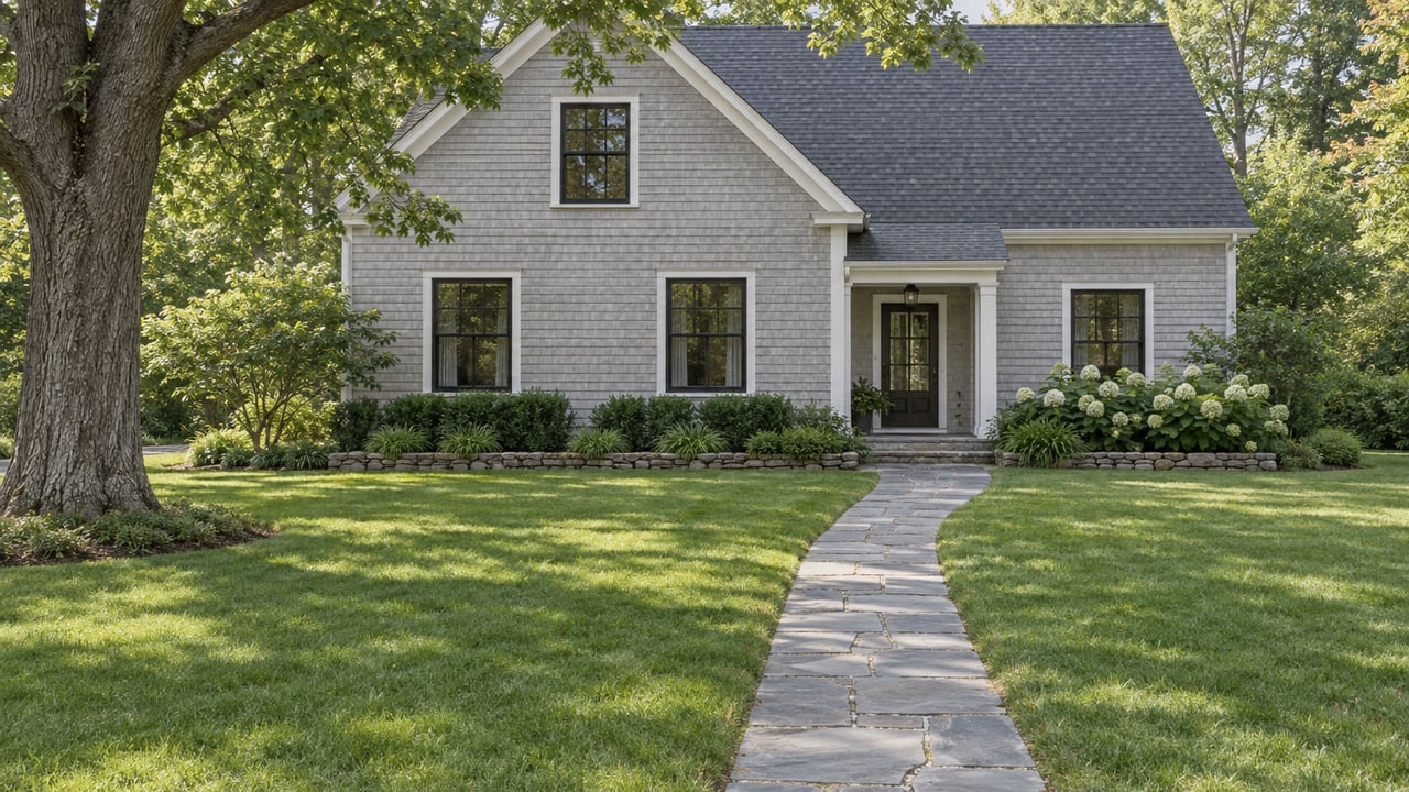 Pale-gray clapboard house beyond a broad lawn and curving stone path, shaded by a white oak.