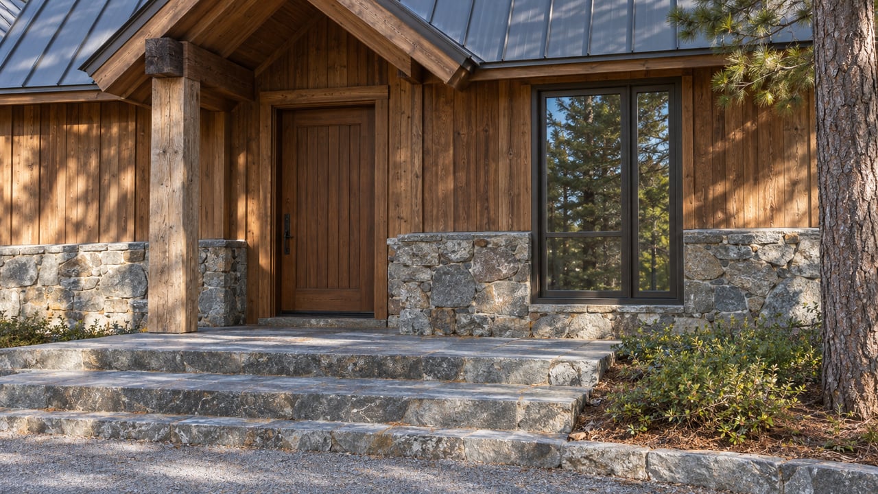 Wooded cottage entry with a timber door, tall window, stone landing, and broad steps.