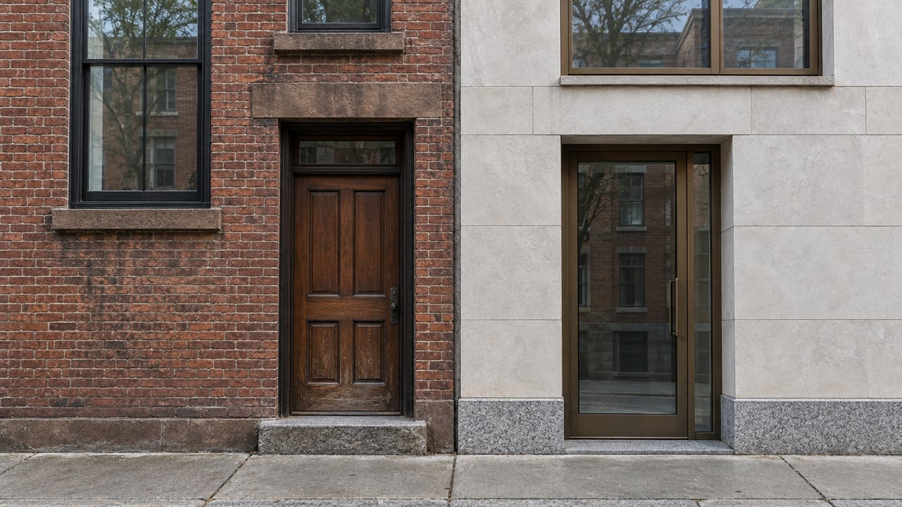 Adjacent residential entrances pair weathered red brick and a granite step with pale limestone and bronze-framed glass.