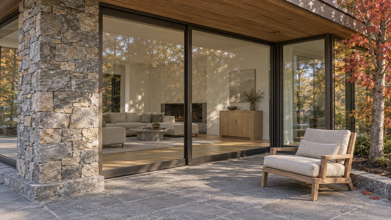 Close view of a covered stone terrace with cedar soffit, bronze-framed glass doors and a teak lounge chair beside red maple leaves.