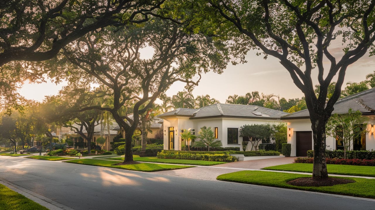 White stucco house with a gray roof behind large shade trees along a quiet street.