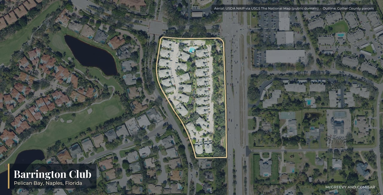 Aerial view of Barrington Club at Pelican Bay, Naples, Florida, with its parcels outlined