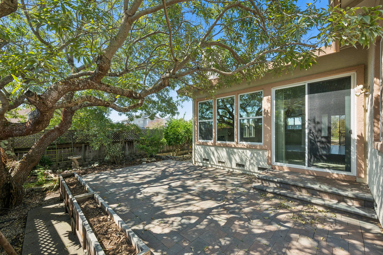 Backyard patio shaded by a mature tree, with raised planting beds and wide glass doors.