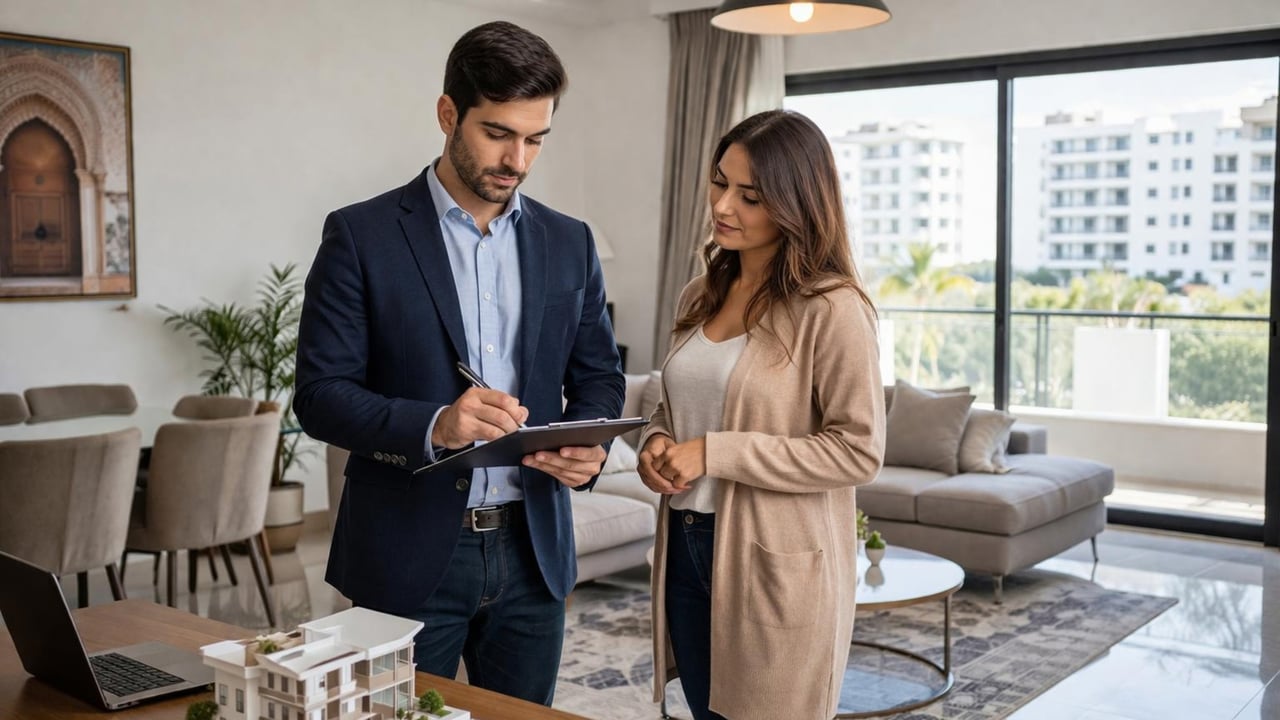Real estate agent reviews paperwork with a woman beside a house model in a modern living room.